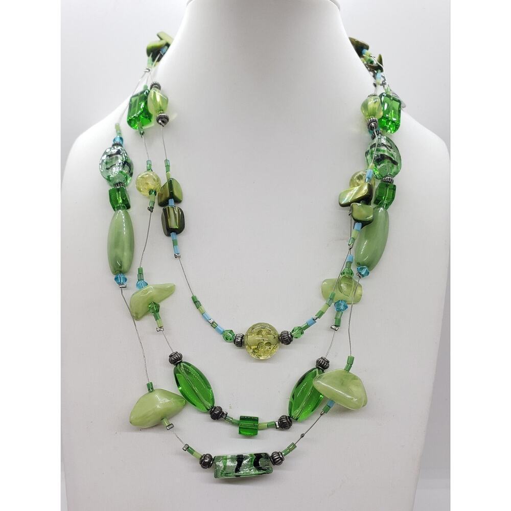Vintage Beaded Necklace Multi 2 Strand Lucite Glass Shell Jewelry RARE Green
